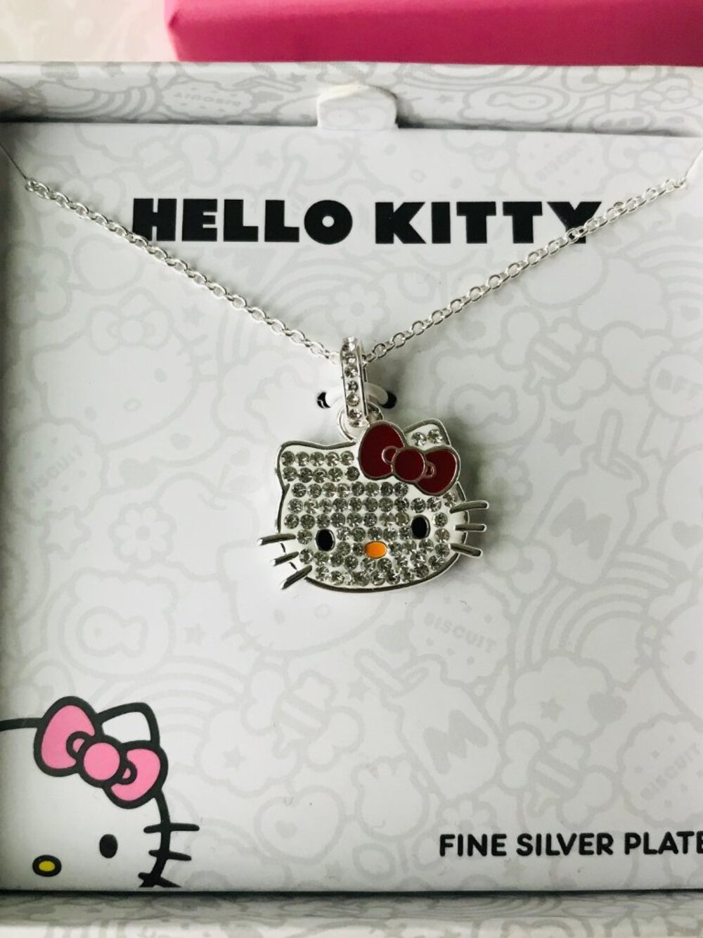 Hello Kitty Brass Silver Plated Necklace Red Bow Crystal NEW w Box
